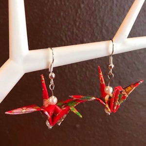 origami japanese crane bird earrings red