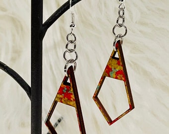 Red drop earrings unique artsy yuzen chiyogami washi wood