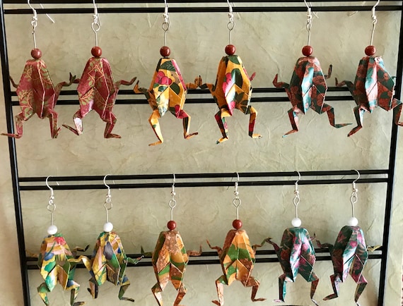 Origami Frog Earrings: Japanese Washi Paper, Surgical Steel