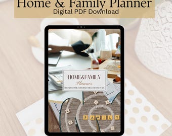 May include: A digital PDF download of a Home & Family Planner displayed on a tablet. The planner's cover features the words "Home & Family Planner" and "FAMILY" spelled out with wooden letter tiles. The image also includes the text "Digital PDF Download" and "One In A Million Wife."