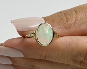 1920&#39;s Art Deco 14k Two Tone Bezel Set 4.5ct Oval Opal Cabochon Solitaire Ring