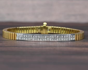 Vintage 2.5ctw Princess Cut Diamond  Invisible Set 18k Gold Bracelet