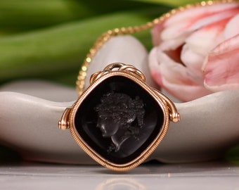 Victorian Revival Black Onyx Intaglio Mid Century 14K Gold Locket