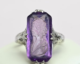 Amethyst Intaglio Art Deco Filigree 14k White Gold Ring