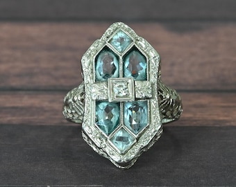 Art Deco Aquamarine & Diamond Shield Ring 14k White Gold Filigree