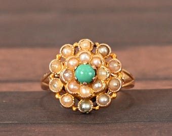 Victorian Pearl and Turquoise Vintage Cluster Ring