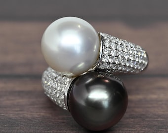 Black White Pearl Toi Et Moi Diamond Pave 18k White Gold Bypass Ring