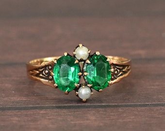 Antique 10k Victorian Two Stone Green Glass and Seed Pearl Gemstone Ring