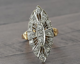 Art Deco Inspired Diamond Navette Marquise 14k Gold Cocktail Ring