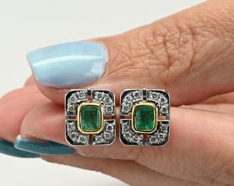 Vintage Emerald and Diamond Rectangular Two Tone 18k Gold Earrings