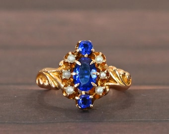 Victorian Style 14k Yellow Gold Deep Blue Gem and Seed Pearl Ring