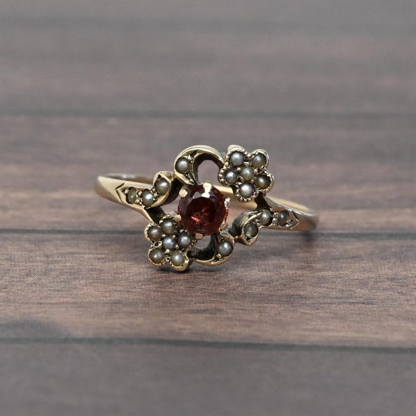 Victorian Garnet Seed Pearl Flower Gold Ring