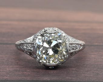 Edwardian 2.88 Ct Old Mine Cut Diamond Vintage Platinum Filigree Engagement Ring