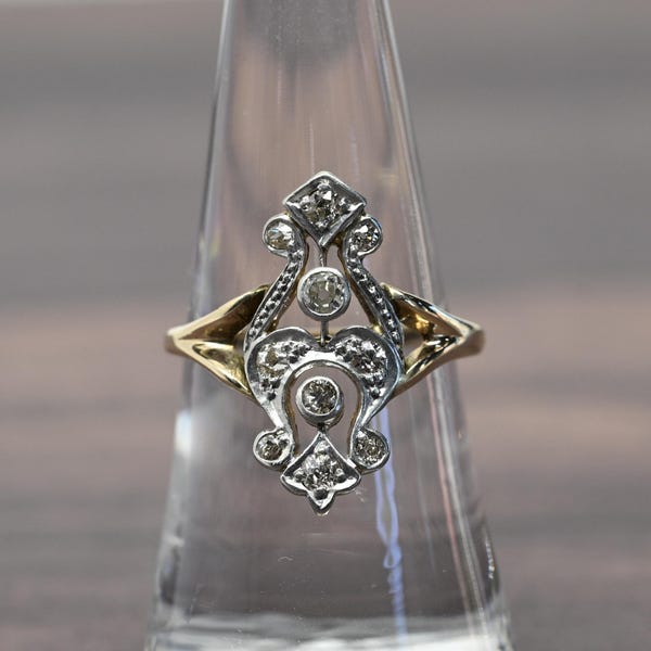 Art Nouveau Old Mine Cut Diamond Platinum Top & 14k Gold Antique Ring