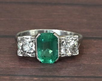 Circa 1920's Art Deco Platinum Gia Certified F1 Natural Zambian Emerald&diamond