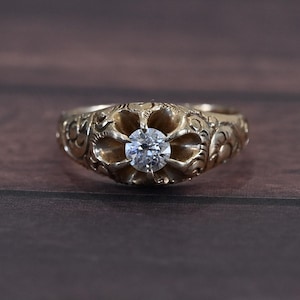 Victorian Old European Cut Diamond Antique 14k Yellow Gold Belcher Ring