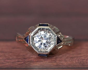 Art Deco Old European Cut White & Blue Sapphire 18k White Gold Engagement Ring