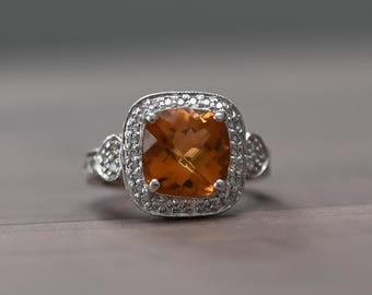 Citrine Cushion Diamond Halo 18k White Gold Ring