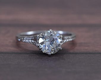 Edwardian 1.35ct Old European Cut Diamond Platinum Filigree Solitaire Ring W Gia