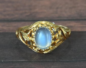 Antique Moonstone Ring in Ornate Yellow Gold Filigree Setting