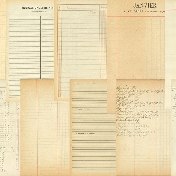 15 Vintage French ledger printable papers, instant download