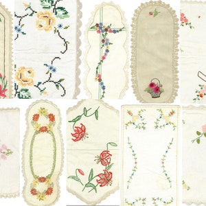 May include: A collection of 10 embroidered table runners with various floral designs. The runners are all white with a crocheted edge and feature different colored flowers, including pink, red, yellow, and blue.
