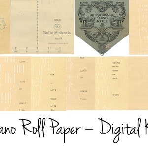 以下が含まれることがあります： 楽譜とテキストが書かれた、ヴィンテージのピアノロール紙のコレクション。紙は様々なサイズと形で、ベージュ色です。「UNIVERSAL SONG ROLL」と「Piano Roll Paper - Digital Kit」の文字が含まれています。