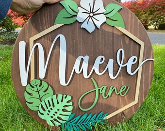 3D Baby Nursery Decor, Round Personalized Children's room Name, Custom Boho Monstera Leaf plant Hibiscus Flowers, Gold, Girl, Boy wood sign