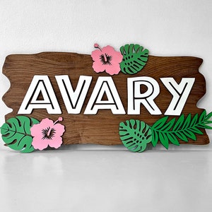 Tropical Kids Baby Name 3D Wood Sign, Custom Children&#39;s Name, Safari Theme, Personalized Girls Plant Monstera Leaf Hibiscus Flower, Jungle