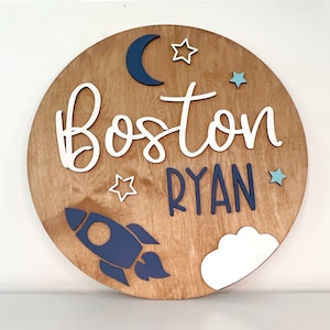 Customized Baby Name Sign, Children's Nursery Decor, Personalized Wood Sign with 3D Space Rocket Ship Theme, Kids Room, Stars, Moon, Boys image 3