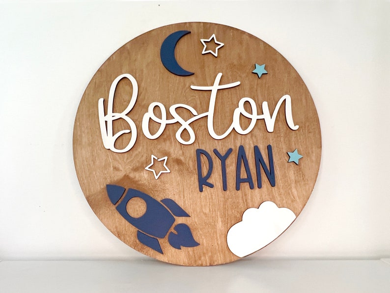 Customized Baby Name Sign, Children's Nursery Decor, Personalized Wood Sign with 3D Space Rocket Ship Theme, Kids Room, Stars, Moon, Boys image 3