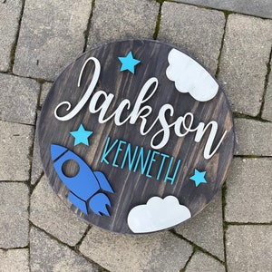 Customized Baby Name Sign, Children's Nursery Decor, Personalized Wood Sign with 3D Space Rocket Ship Theme, Kids Room, Stars, Moon, Boys image 1