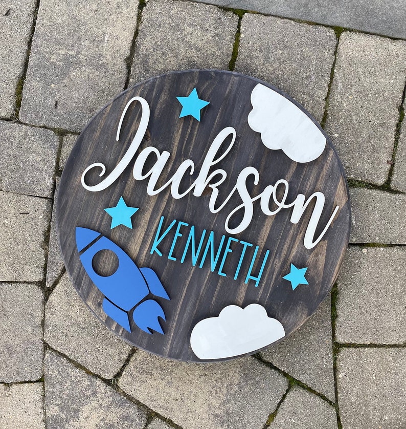 Customized Baby Name Sign, Children's Nursery Decor, Personalized Wood Sign with 3D Space Rocket Ship Theme, Kids Room, Stars, Moon, Boys image 1