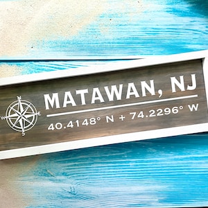Personalized Latitude Longitude Sign, Coastal Wall Decor, Custom Nautical Coordinates, Framed Beach House Sign, Personalized for Town / City