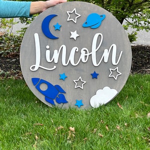 Customized Baby Name Sign, Children's Nursery Decor, Personalized Wood Sign with 3D Space Rocket Ship Theme, Kids Room, Stars, Moon, Boys image 2