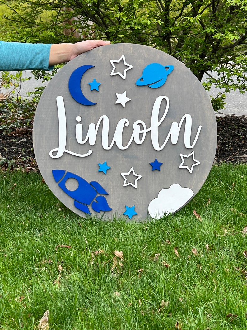 Customized Baby Name Sign, Children's Nursery Decor, Personalized Wood Sign with 3D Space Rocket Ship Theme, Kids Room, Stars, Moon, Boys image 2
