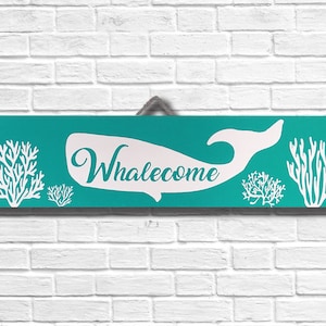 Whalecome or Welcome Sign! Bright and colorful painted sign for your home. Nautical decor for beach home or the shore! Ocean scene.