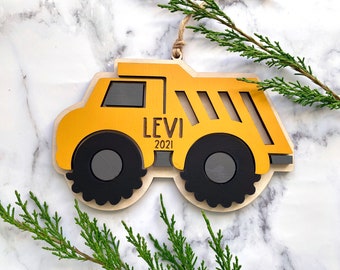 Laser Engraved Personalized Construction Vehicle, Custom Ornament for Christmas or the Holidays, Kids Truck