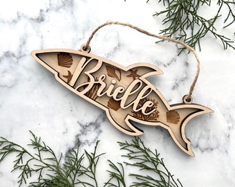 Customized Nautical Shark Ornament with Ocean Theme, Personalized with name, Great holiday gift for kids, friends or for your tree!