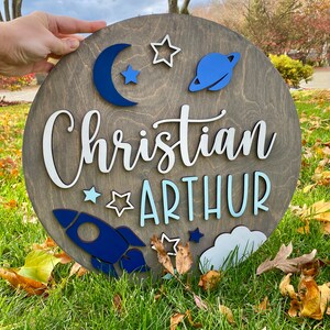 Customized Baby Name Sign, Children's Nursery Decor, Personalized Wood Sign with 3D Space Rocket Ship Theme, Kids Room, Stars, Moon, Boys image 4