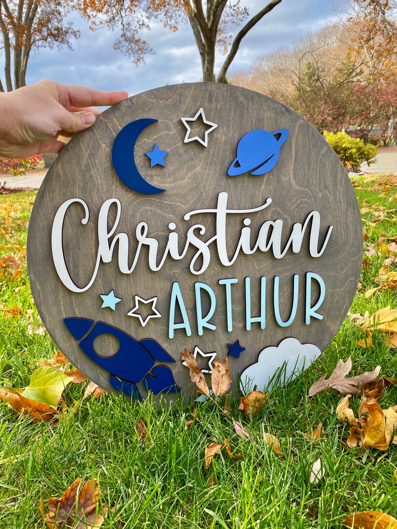 Customized Baby Name Sign, Children's Nursery Decor, Personalized Wood Sign with 3D Space Rocket Ship Theme, Kids Room, Stars, Moon, Boys image 4