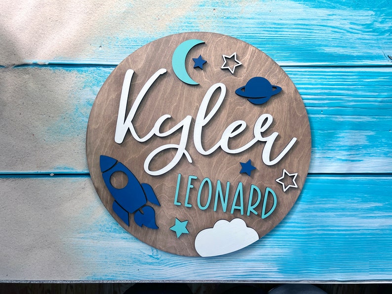 Customized Baby Name Sign, Children's Nursery Decor, Personalized Wood Sign with 3D Space Rocket Ship Theme, Kids Room, Stars, Moon, Boys image 5