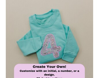 Personalized Embroidered Appliqué Sweatshirt, Liberty of London Initial Sweater, Mint Green, Custom Pullover, Kids Birthday, Letter, Number