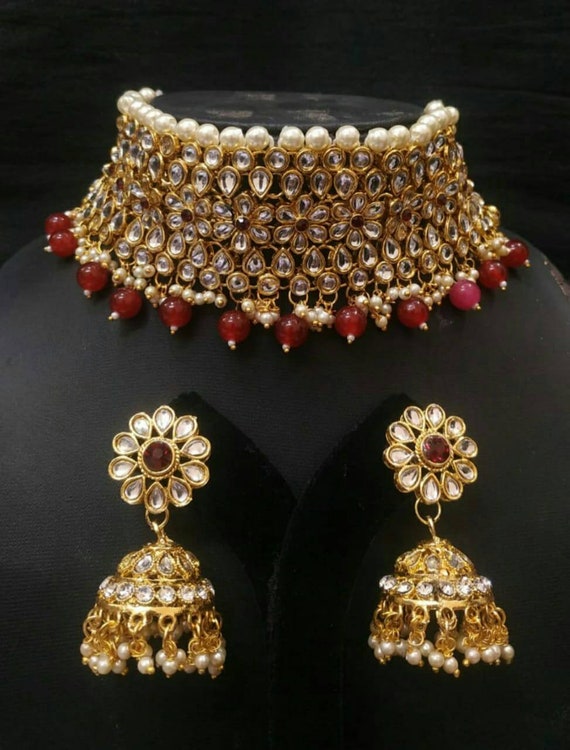 Kundan polki wedding Necklace choker Set Bollywood Bridal Indian Pearl Jewellery