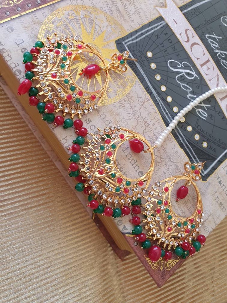 Jadau jarau earrings Hoops teeka headpiece ballis ballay nizami hyderabadi jewelry wedding bridal Bollywood tikka tikkli hair accessories