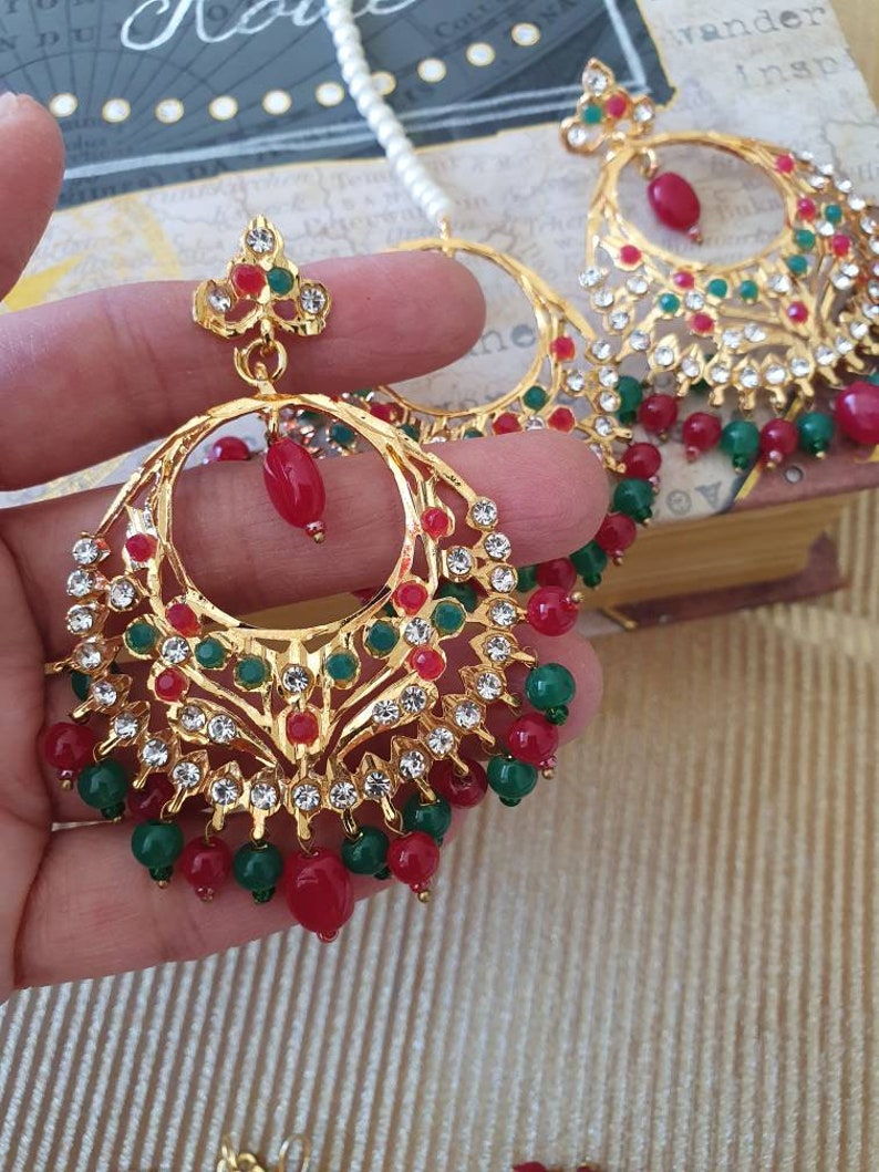 Jadau jarau earrings Hoops teeka headpiece ballis ballay nizami hyderabadi jewelry wedding bridal Bollywood tikka tikkli hair accessories