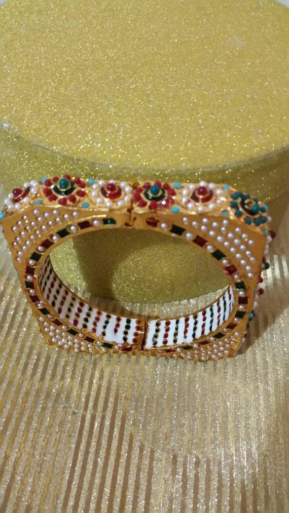 Gold Plated Jadau Bangles on Silver Studded With Multicoloured Stones -  Etsy Israel