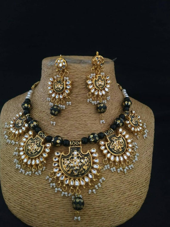 Indian jewelry wedding bridal kundan polki  meenakari necklace set choker set earrings gold plated crystals necklace set bollywood jewelry