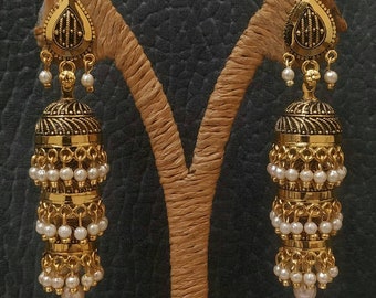 Indian jewellery jewelry wedding bridal Jhumkis earrings ethnic traditional Indian Bollywood style 3 layers gold plated Jhumkis pearls earri
