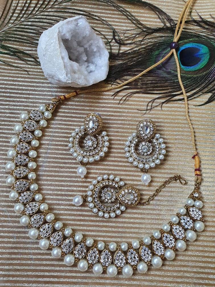Antique gold, silver shade necklace set choker earrings teeka tikka h…